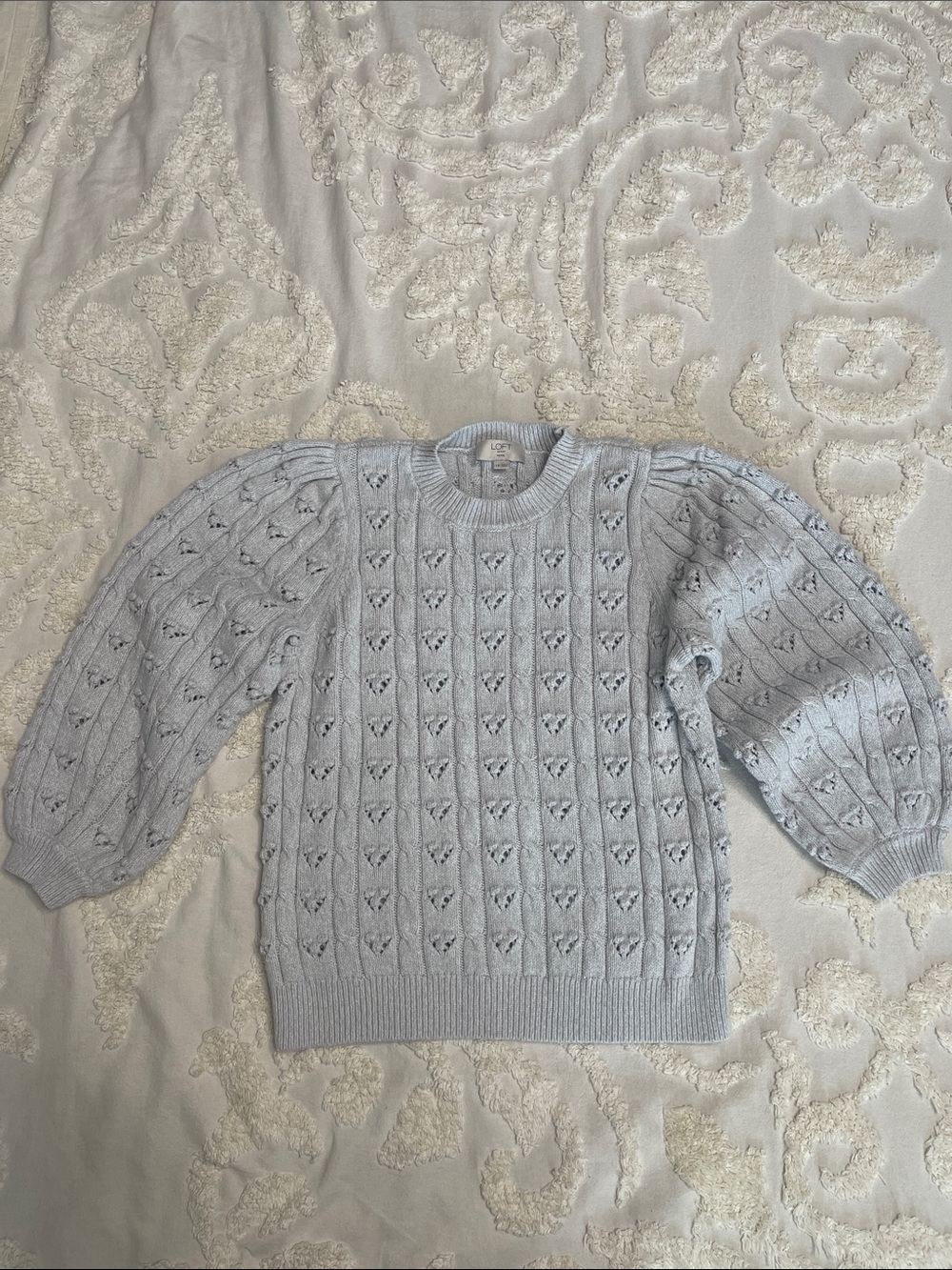 LOFT Soft Gray Puff-Sleeve Cotton Knit Sweater